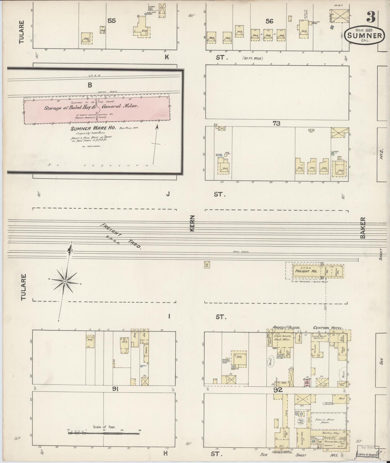 Sanborn Fire Insurance Map from Sumner, Kern County, California (1889), Sheet #0003 - Complete Map Set gallery image, historic Sanborn map, vintage wall art, California California