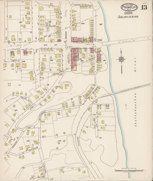 Sanborn Fire Insurance Map from Phenix City, Lee And Russell Counties, Alabama (1922), Sheet #0013 - Historic Sanborn Fire Insurance Map Print, vintage old map wall art, antique decor, genealogy gift, Alabama Alabama map