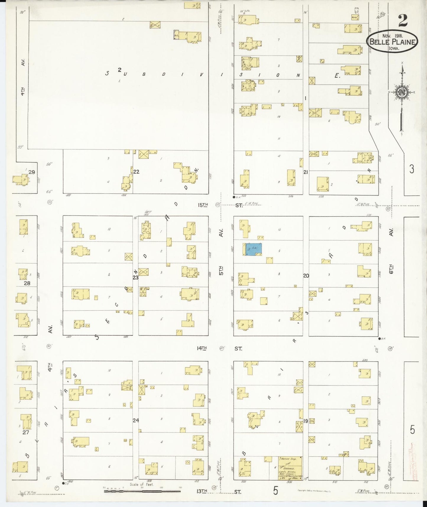 Sanborn Fire Insurance Map from Belle Plaine, Benton County, Iowa (1916), Sheet #0002 - Historic Sanborn Fire Insurance Map Print, vintage old map wall art