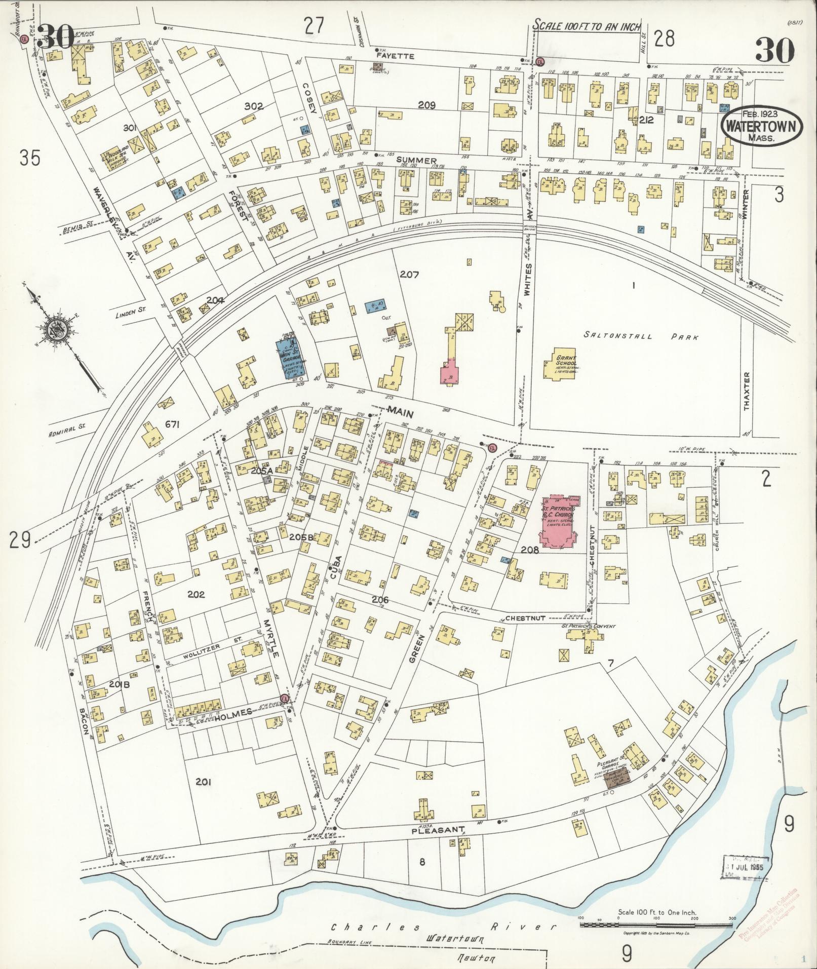 Sanborn Fire Insurance Map from Watertown, Middlesex County, Massachusetts (1923), Sheet #0030 - Historic Sanborn Fire Insurance Map Print, vintage old map wall art, antique decor, genealogy gift, Massachusetts Massachusetts map