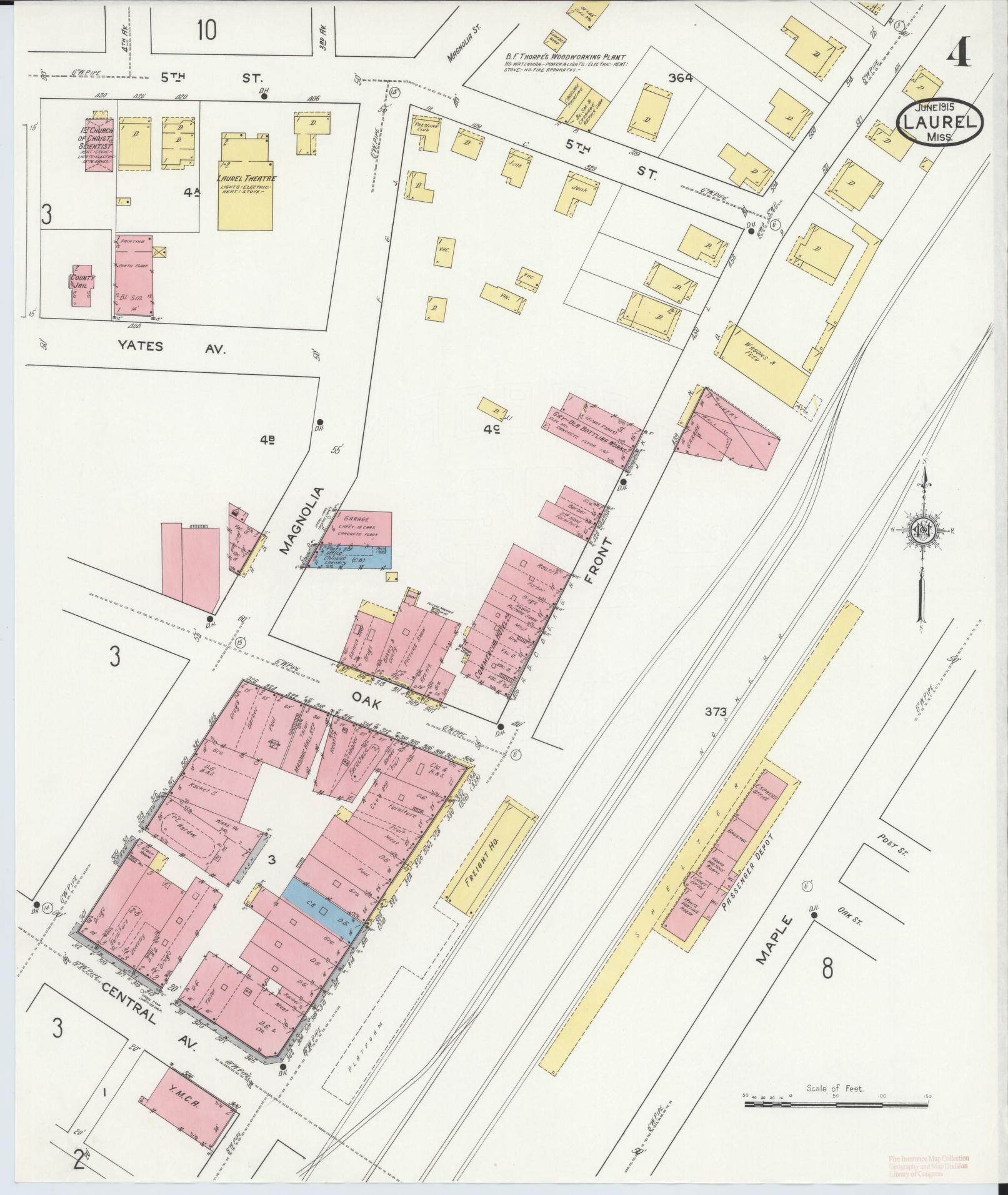 Sanborn Fire Insurance Map from Laurel, Jones County, Mississippi (1915), Sheet #0004 - Historic Sanborn Fire Insurance Map Print, vintage old map wall art, antique decor, genealogy gift, Mississippi Mississippi map