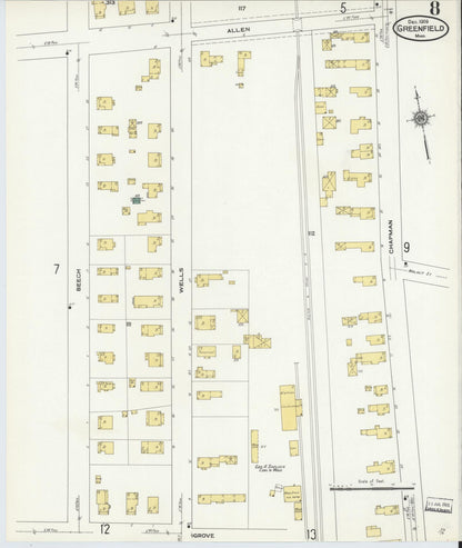 Sanborn Fire Insurance Map from Greenfield, Franklin County, Massachusetts (1909), Sheet #0008 - Historic Sanborn Fire Insurance Map Print, vintage old map wall art, antique decor, genealogy gift, Massachusetts Massachusetts map