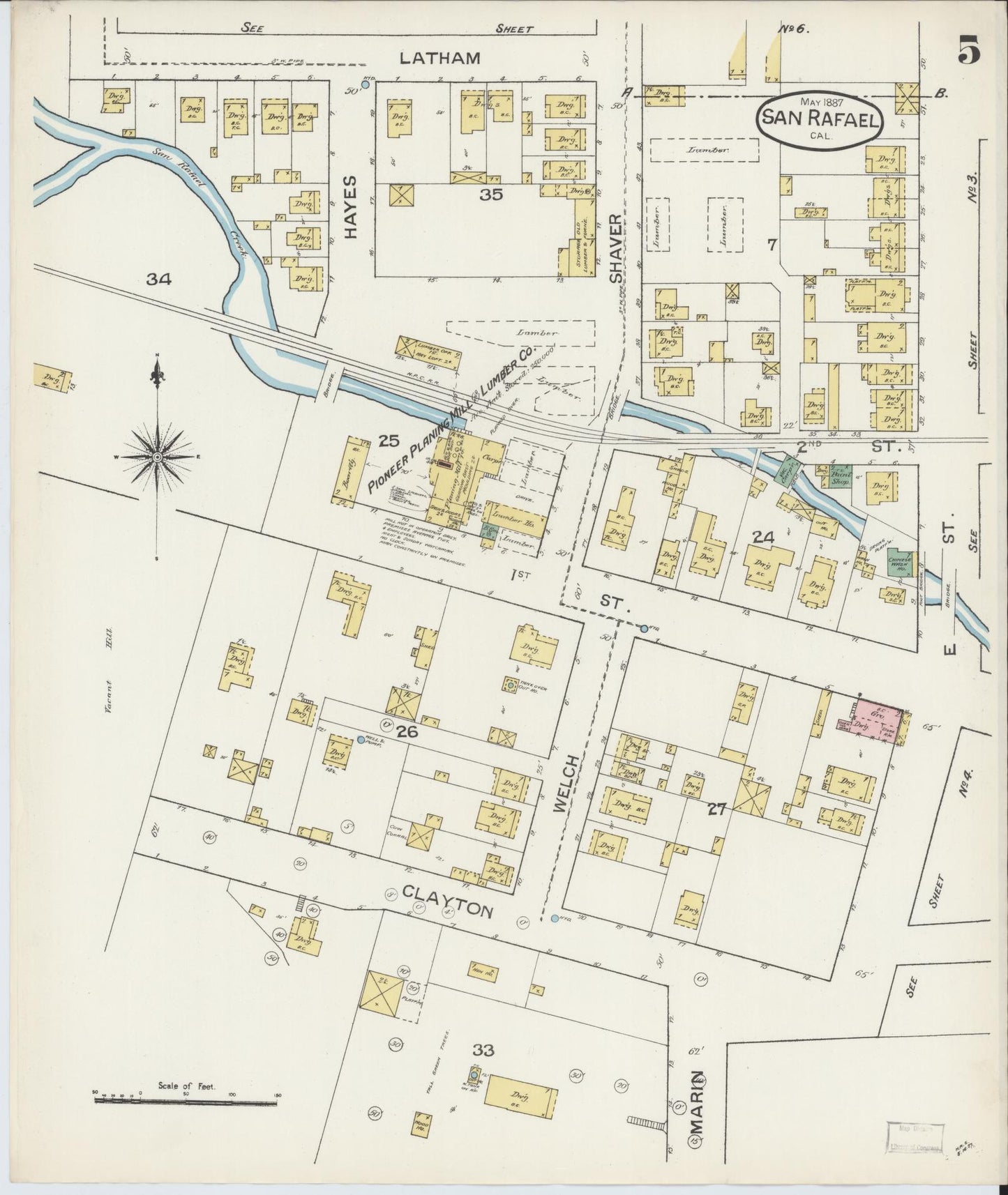 Sanborn Fire Insurance Map from San Rafael, Marin County, California (1887), Sheet #0005 - Complete Map Set gallery image, historic Sanborn map, vintage wall art, California California