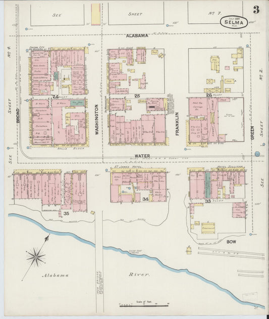 Sanborn Fire Insurance Map from Selma, Dallas County, Alabama (1889), Sheet #0003 - Historic Sanborn Fire Insurance Map Print, vintage old map wall art, antique decor, genealogy gift, Alabama Alabama map