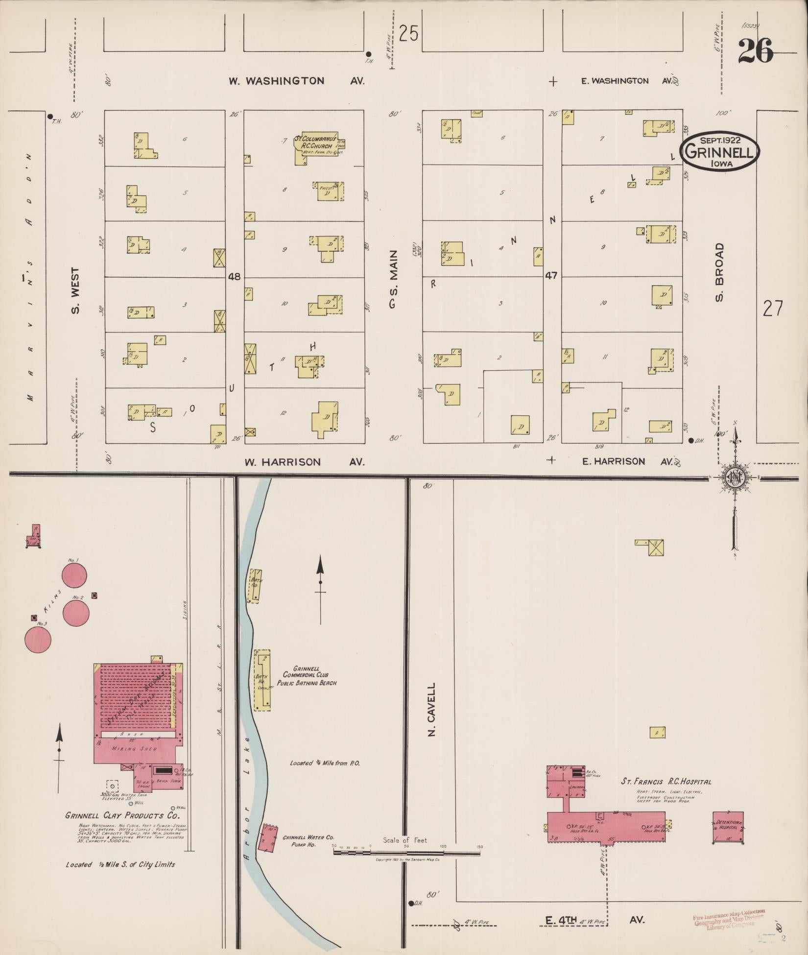 Sanborn Fire Insurance Map from Grinnell, Poweshiek County, Iowa (1922), Sheet #0026 - Historic Sanborn Fire Insurance Map Print, vintage old map wall art