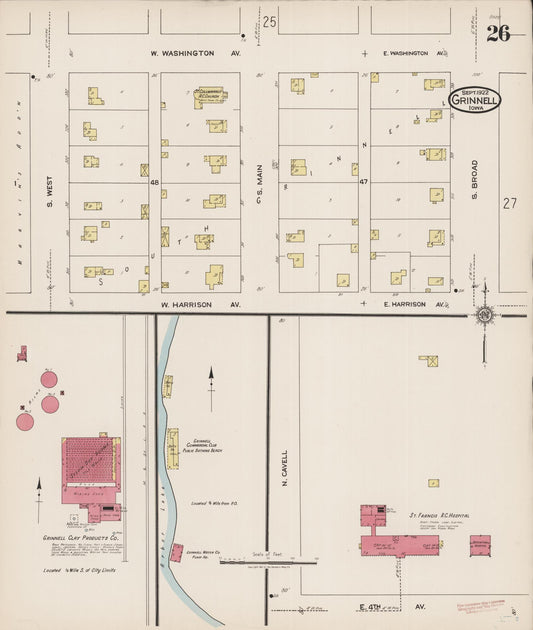 Sanborn Fire Insurance Map from Grinnell, Poweshiek County, Iowa (1922), Sheet #0026 - Historic Sanborn Fire Insurance Map Print, vintage old map wall art