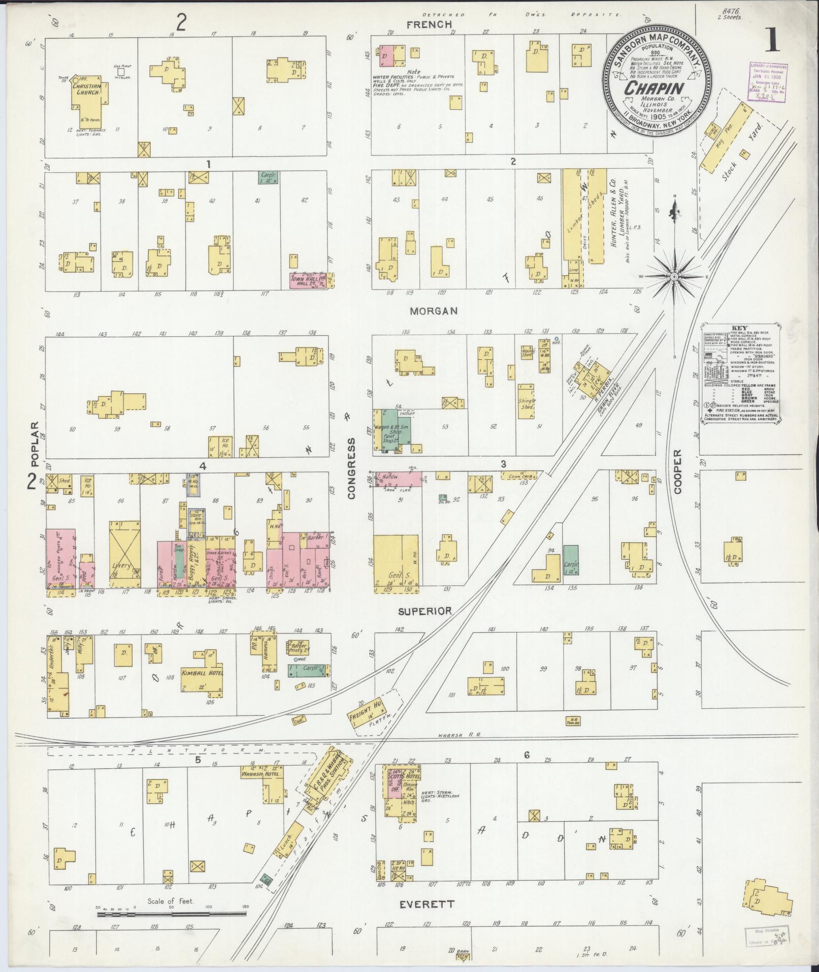 Sanborn Fire Insurance Map from Chapin, Morgan County, Illinois (1905), Sheet #0001 - Historic Sanborn Fire Insurance Map Print, vintage old map wall art, antique decor, genealogy gift, Illinois Illinois map