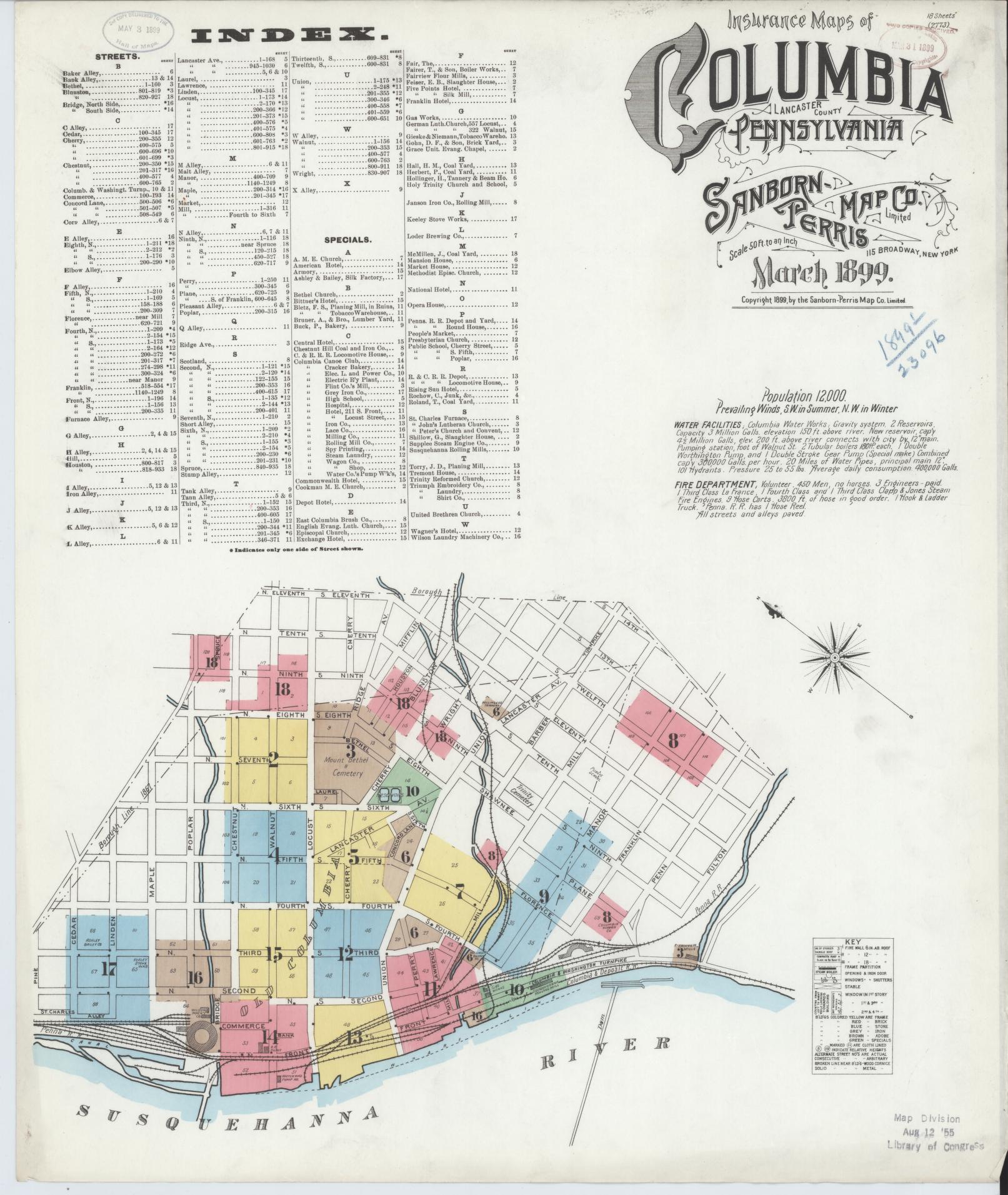 Sanborn Fire Insurance Map from Columbia, Lancaster County, Pennsylvania (1899), Sheet #0001 - Historic Sanborn Fire Insurance Map Print, vintage old map wall art, antique decor, genealogy gift, Pennsylvania Pennsylvania map