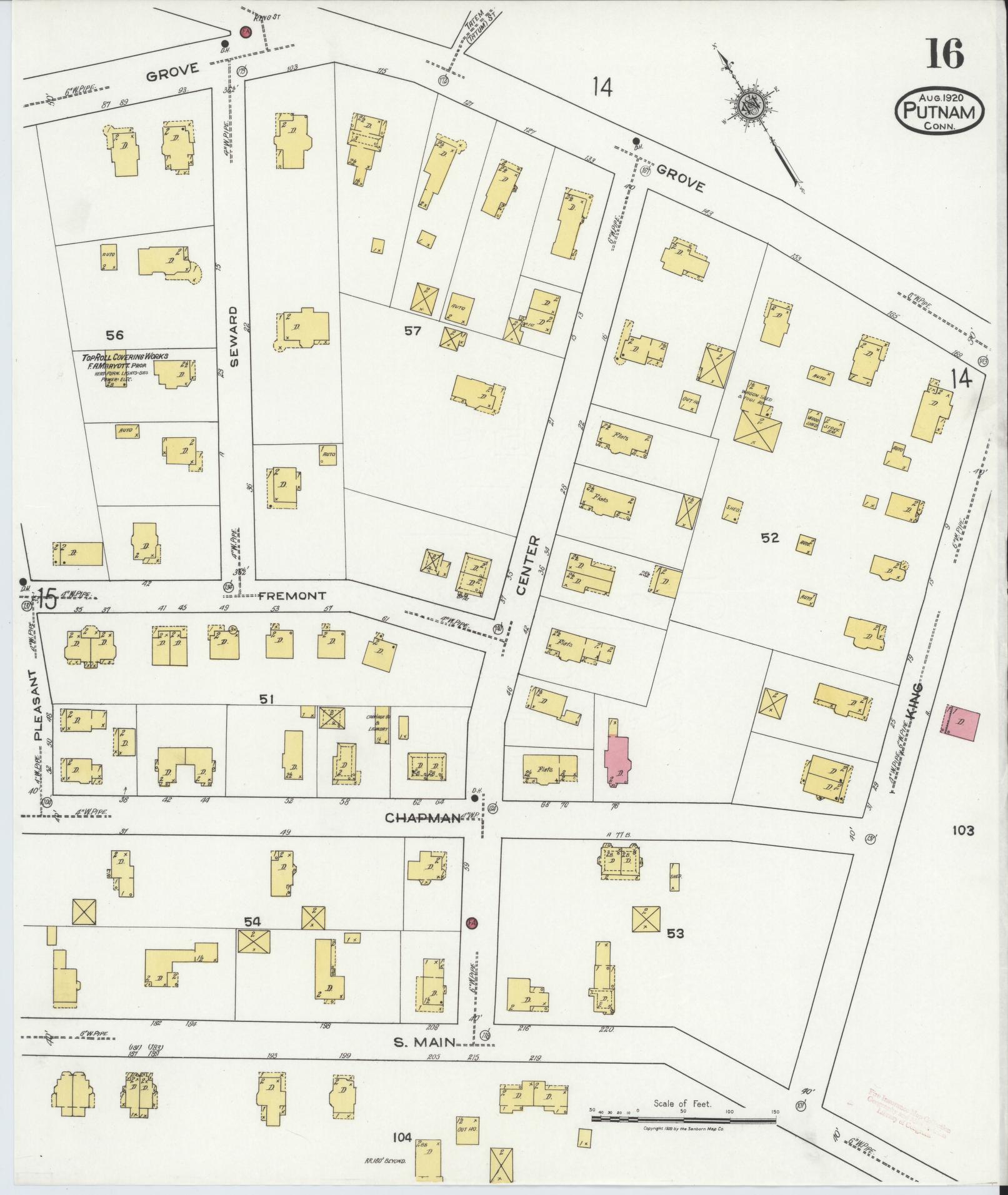 Sanborn Fire Insurance Map from Putnam, Windham County, Connecticut (1920), Sheet #0016 - Historic Sanborn Fire Insurance Map Print, vintage old map wall art, antique decor, genealogy gift, Connecticut Connecticut map