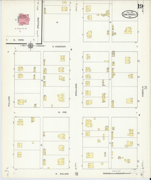 Sanborn Fire Insurance Map from San Angelo, Tom Green County, Texas (1913), Sheet #0019 - Historic Sanborn Fire Insurance Map Print, vintage old map wall art, antique decor, genealogy gift, Texas Texas map