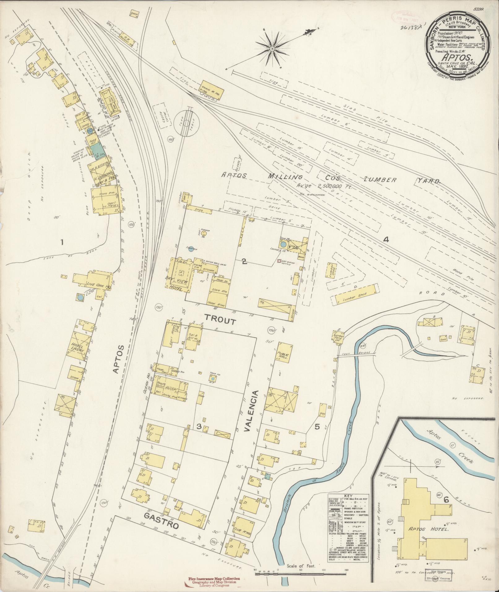 Sanborn Fire Insurance Map from Aptos, Santa Cruz County, California (1892), Sheet #0001 - Historic Sanborn Fire Insurance Map Print, vintage old map wall art, antique decor, genealogy gift, California California map