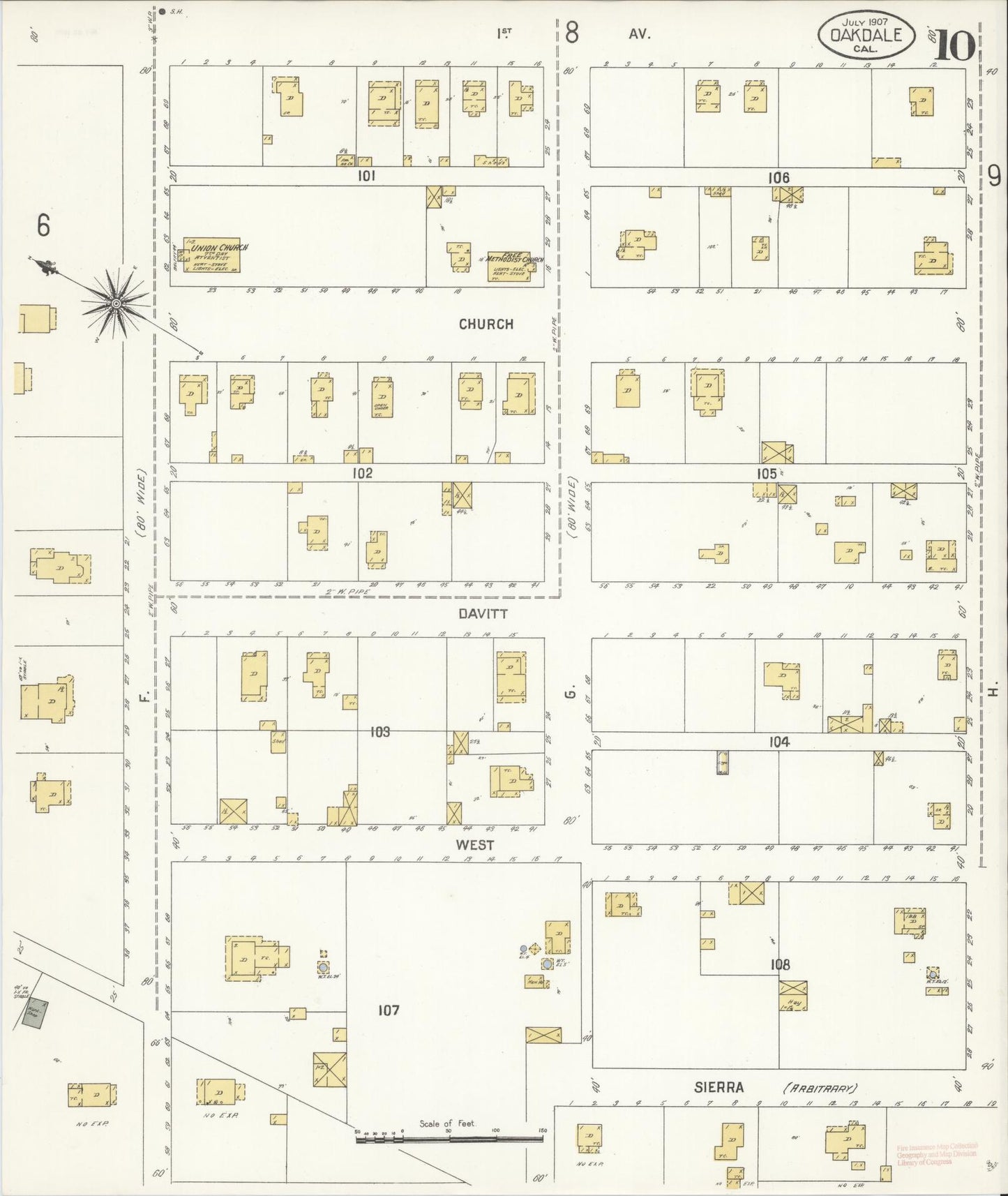 Sanborn Fire Insurance Map from Oakdale, Stanislaus County, California (1907), Sheet #0010 - Complete Map Set gallery image, historic Sanborn map, vintage wall art, California California