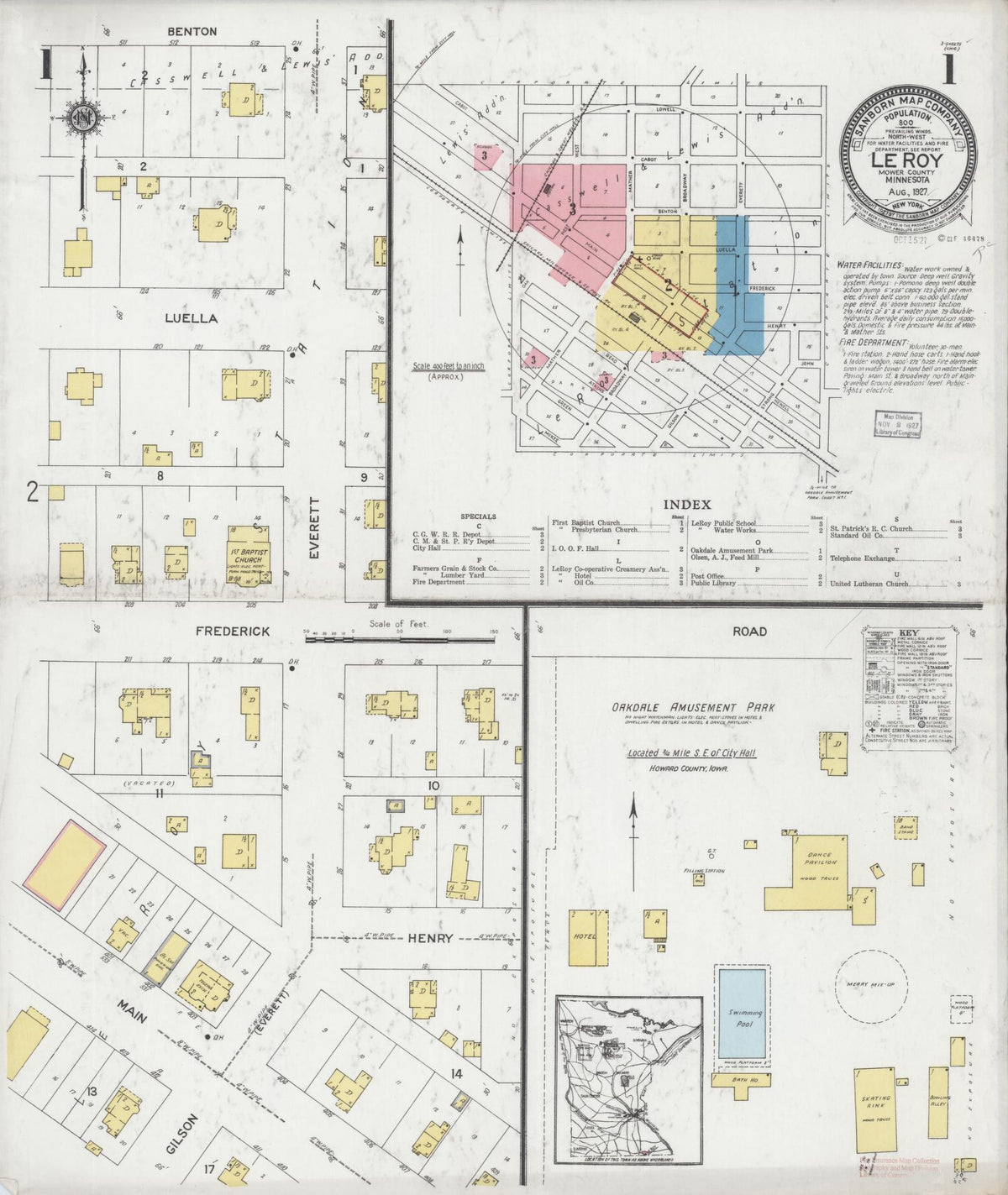 Sanborn Fire Insurance Map from Le Roy, Mower County, Minnesota (1927), Sheet #0001 - Historic Sanborn Fire Insurance Map Print, vintage old map wall art, antique decor, genealogy gift, Minnesota Minnesota map