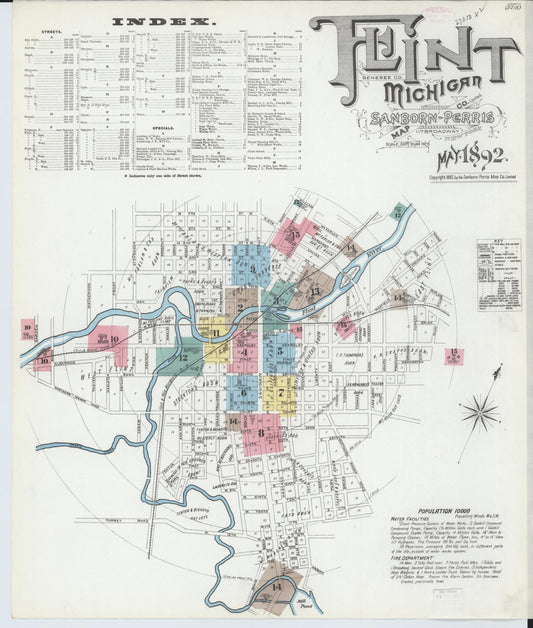 Sanborn Fire Insurance Map from Flint, Genesee County, Michigan (1892), Sheet #0001 - Historic Sanborn Fire Insurance Map Print, vintage old map wall art, antique decor, genealogy gift, Michigan Michigan map