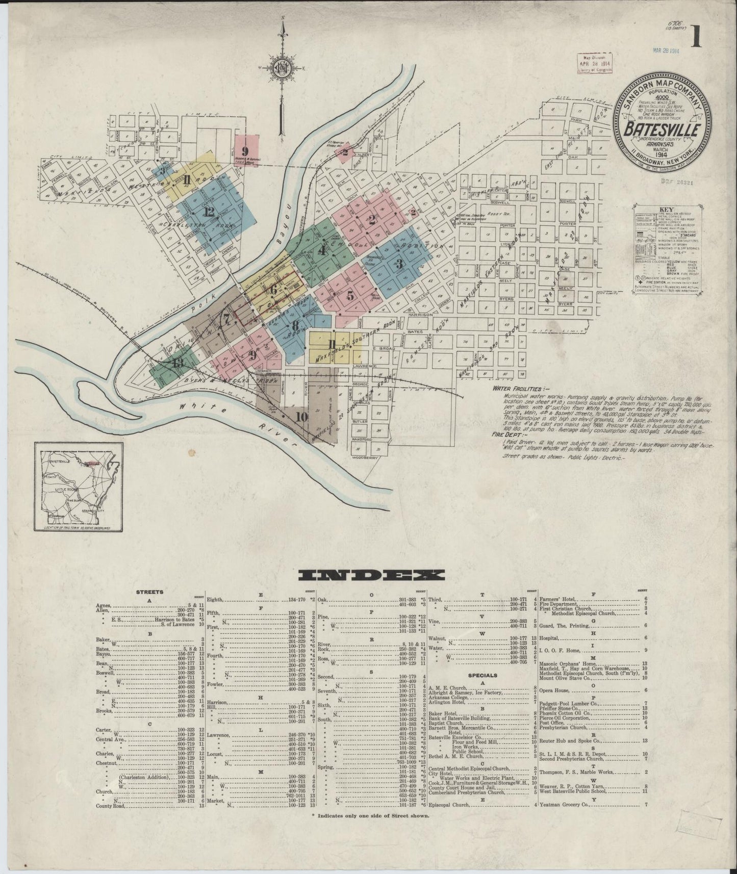 Sanborn Fire Insurance Map from Batesville, Independence County, Arkansas (1914), Sheet #0001 - Historic Sanborn Fire Insurance Map Print, vintage old map wall art, antique decor, genealogy gift, Arkansas Arkansas map