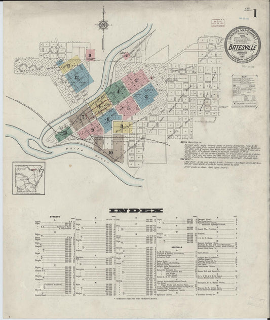 Sanborn Fire Insurance Map from Batesville, Independence County, Arkansas (1914), Sheet #0001 - Historic Sanborn Fire Insurance Map Print, vintage old map wall art, antique decor, genealogy gift, Arkansas Arkansas map