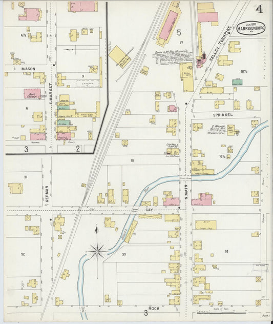 Sanborn Fire Insurance Map from Harrisonburg, Independent Cities, Virginia (1897), Sheet #0004 - Historic Sanborn Fire Insurance Map Print, vintage old map wall art, antique decor, genealogy gift, Virginia Virginia map