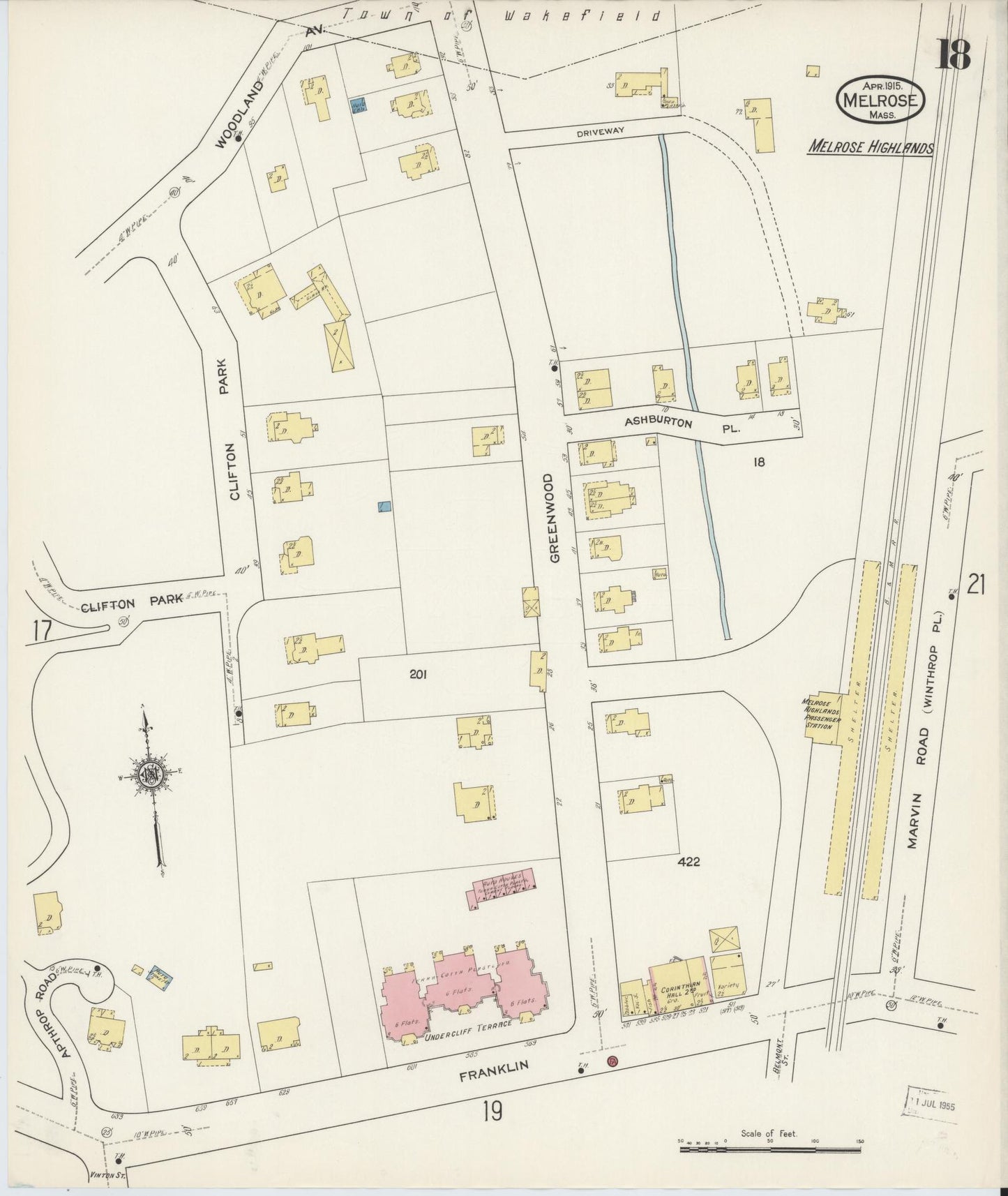 Sanborn Fire Insurance Map from Melrose, Middlesex County, Massachusetts (1915), Sheet #0018 - Complete Map Set gallery image, historic Sanborn map, vintage wall art, Massachusetts Massachusetts