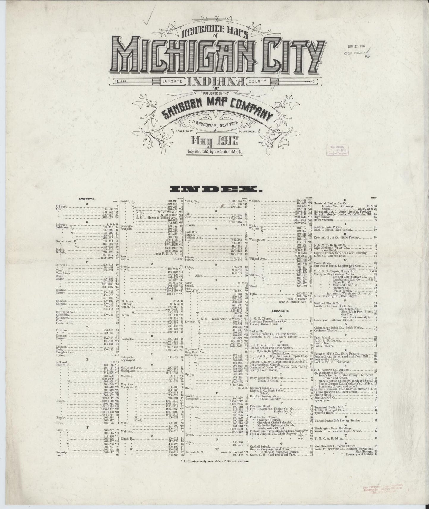 Sanborn Fire Insurance Map from Michigan City, La Porte County, Indiana (1912), Sheet #0001 - Historic Sanborn Fire Insurance Map Print, vintage old map wall art, antique decor, genealogy gift, Michigan Michigan map