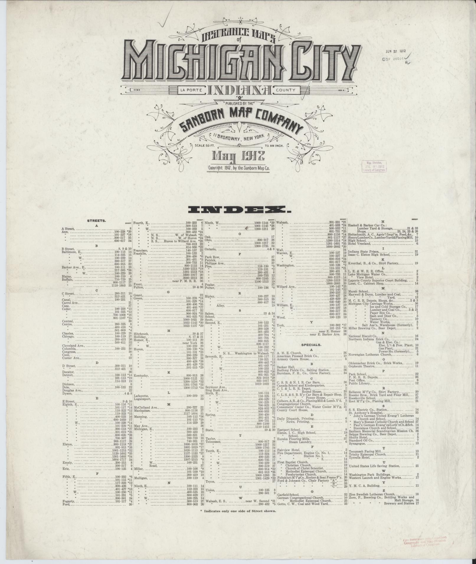 Sanborn Fire Insurance Map from Michigan City, La Porte County, Indiana (1912), Sheet #0001 - Historic Sanborn Fire Insurance Map Print, vintage old map wall art, antique decor, genealogy gift, Michigan Michigan map