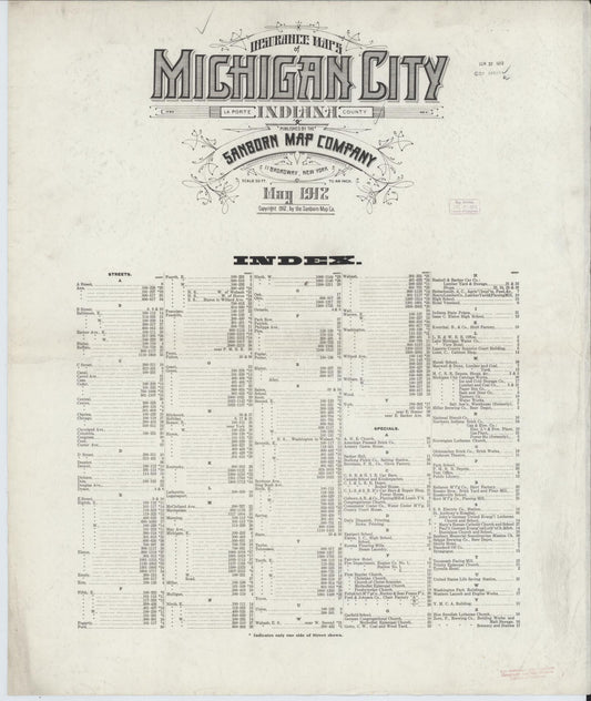 Sanborn Fire Insurance Map from Michigan City, La Porte County, Indiana (1912), Sheet #0001 - Historic Sanborn Fire Insurance Map Print, vintage old map wall art, antique decor, genealogy gift, Michigan Michigan map