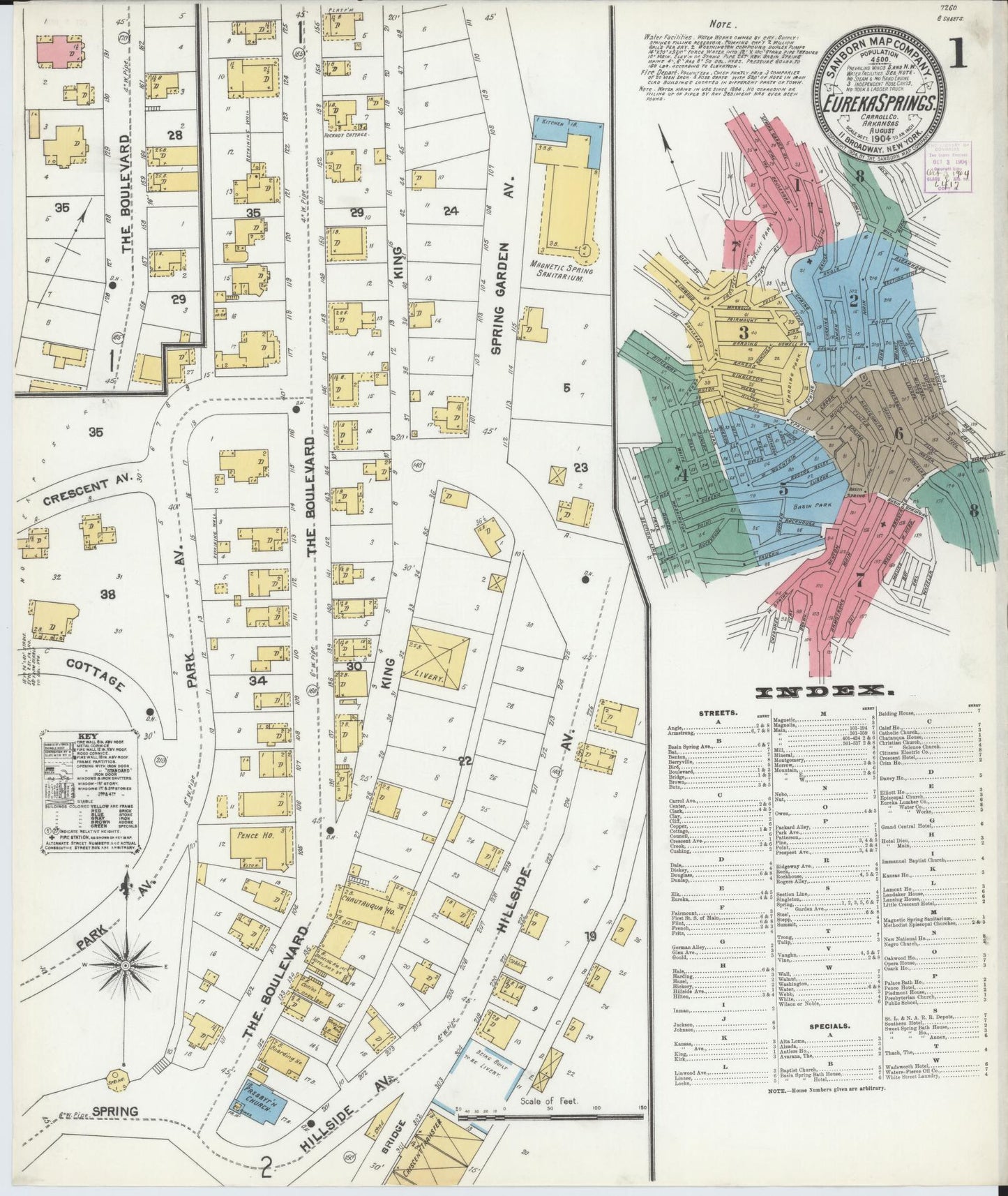Sanborn Fire Insurance Map from Eureka Springs, Carroll County, Arkansas (1904), Sheet #0001 - Complete Map Set gallery image, historic Sanborn map, vintage wall art, Arkansas Arkansas