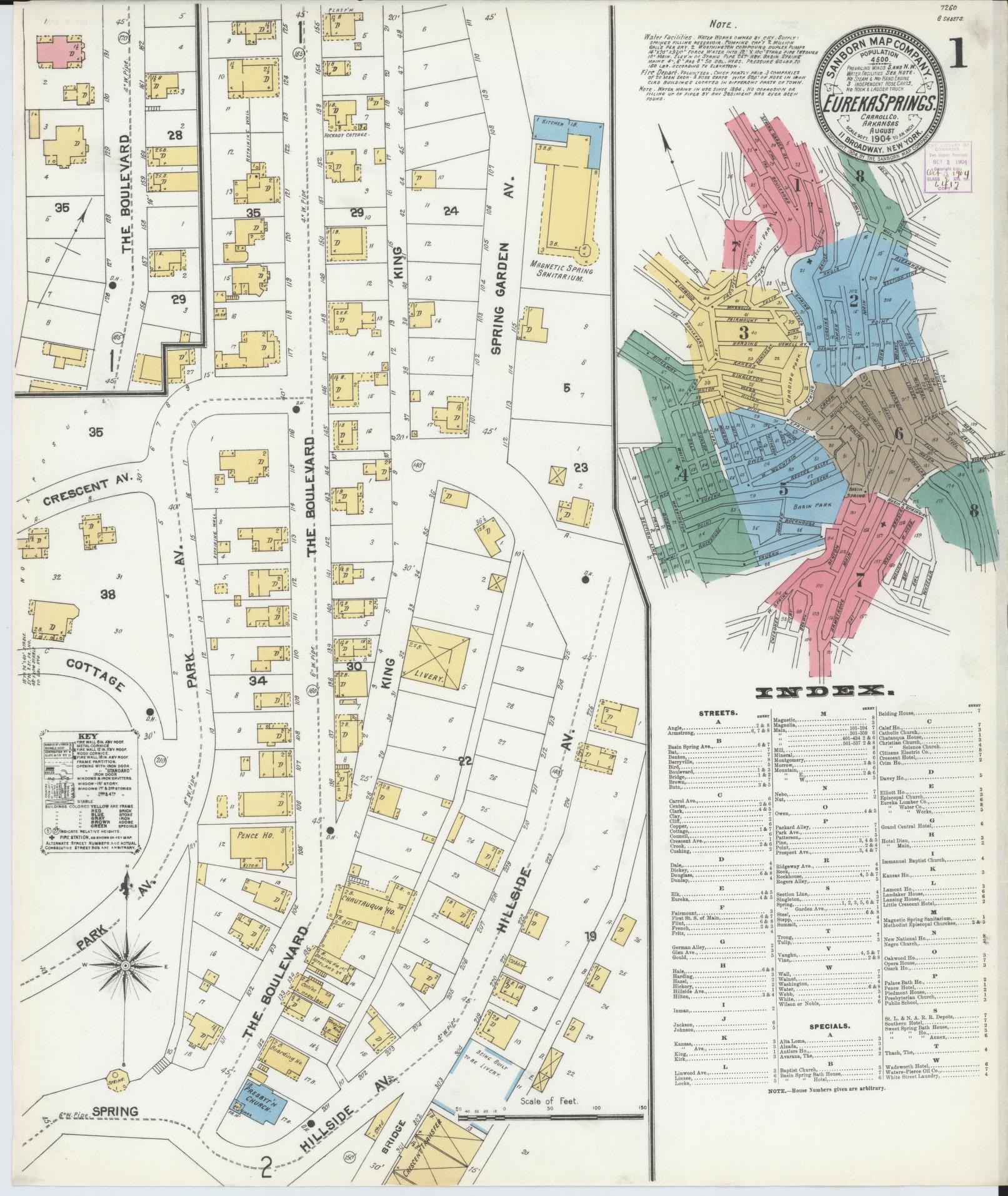 Sanborn Fire Insurance Map from Eureka Springs, Carroll County, Arkansas (1904), Sheet #0001 - Complete Map Set gallery image, historic Sanborn map, vintage wall art, Arkansas Arkansas