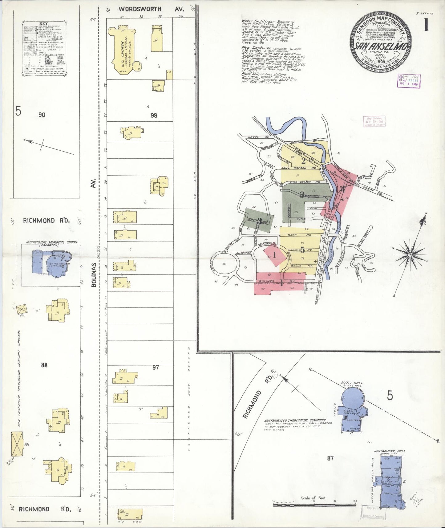 Sanborn Fire Insurance Map from San Anselmo, Marin County, California (1909), Sheet #0001 - Complete Map Set gallery image, historic Sanborn map, vintage wall art, California California