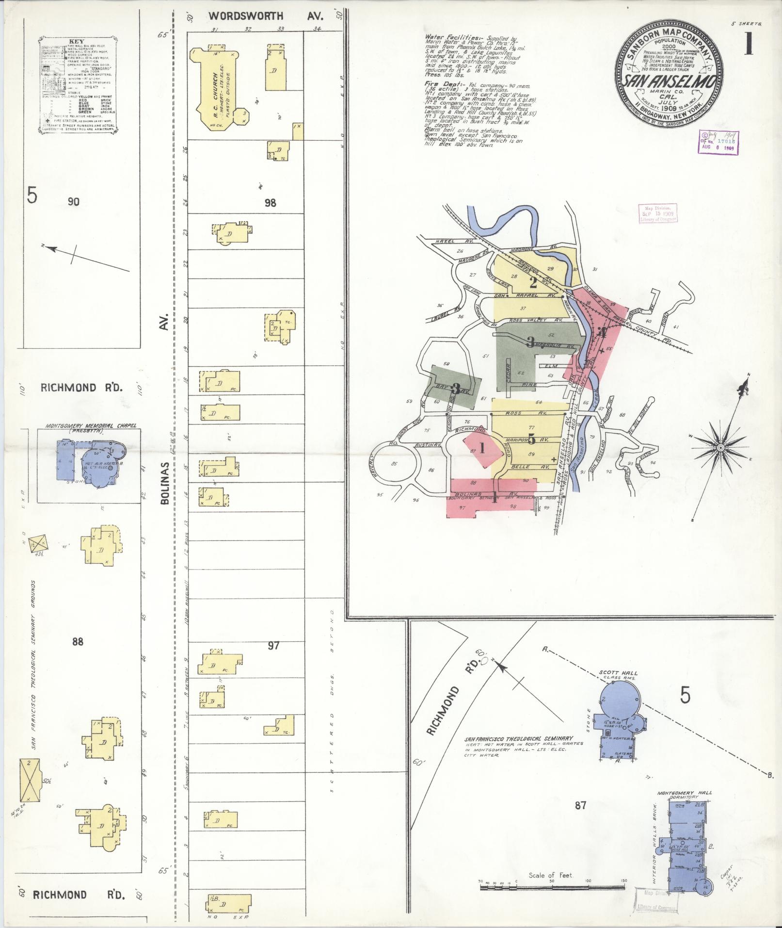 Sanborn Fire Insurance Map from San Anselmo, Marin County, California (1909), Sheet #0001 - Complete Map Set gallery image, historic Sanborn map, vintage wall art, California California