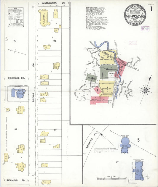 Sanborn Fire Insurance Map from San Anselmo, Marin County, California (1909), Sheet #0001 - Complete Map Set gallery image, historic Sanborn map, vintage wall art, California California