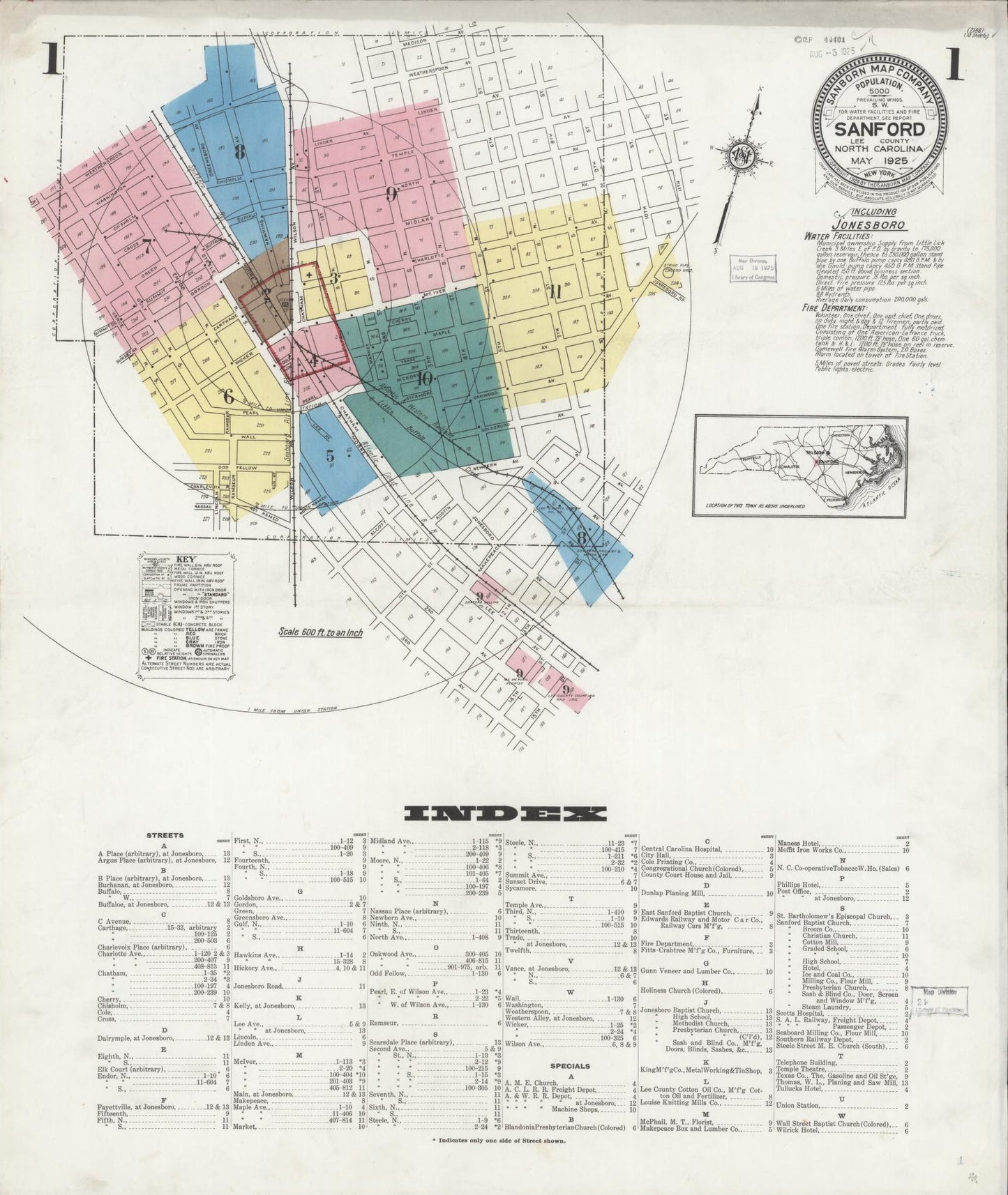 Sanborn Fire Insurance Map from Sanford, Lee County, North Carolina (1925), Sheet #0001 - Historic Sanborn Fire Insurance Map Print, vintage old map wall art, antique decor, genealogy gift, North Carolina North Carolina map