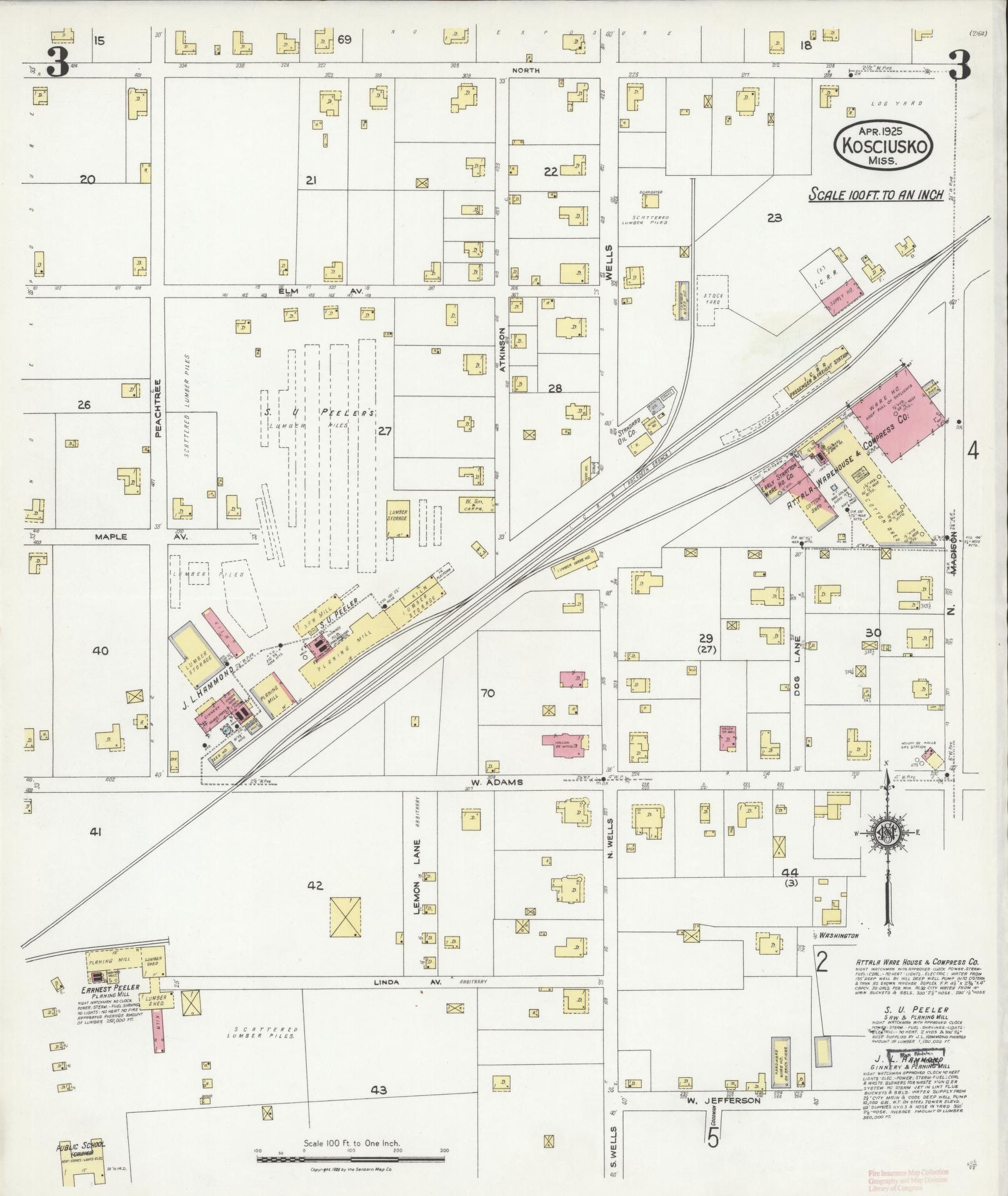 Sanborn Fire Insurance Map from Kosciusko, Attala County, Mississippi (1925), Sheet #0003 - Historic Sanborn Fire Insurance Map Print, vintage old map wall art, antique decor, genealogy gift, Mississippi Mississippi map