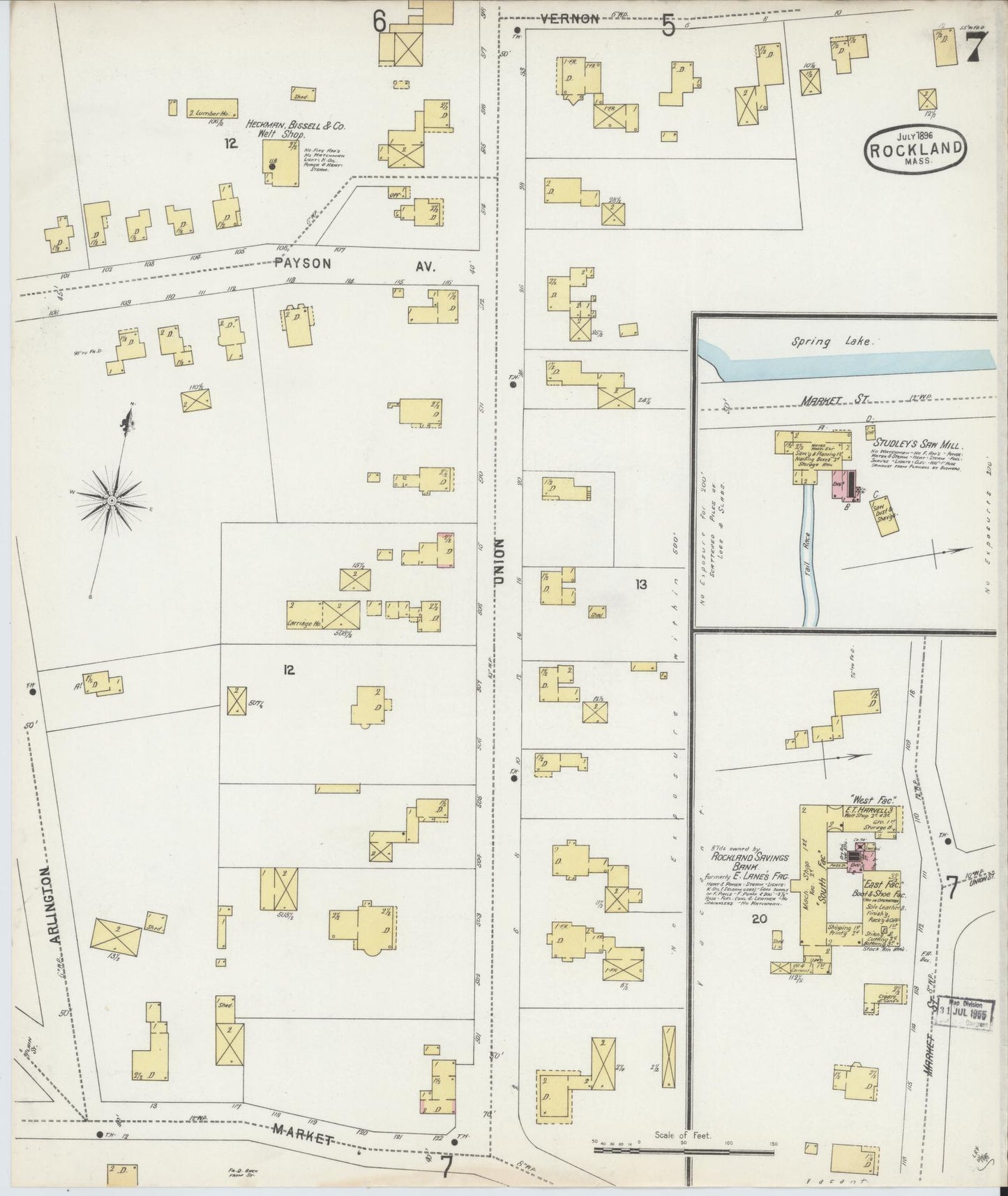 Sanborn Fire Insurance Map from Rockland, Plymouth County, Massachusetts (1896), Sheet #0007 - Complete Map Set gallery image, historic Sanborn map, vintage wall art, Massachusetts Massachusetts