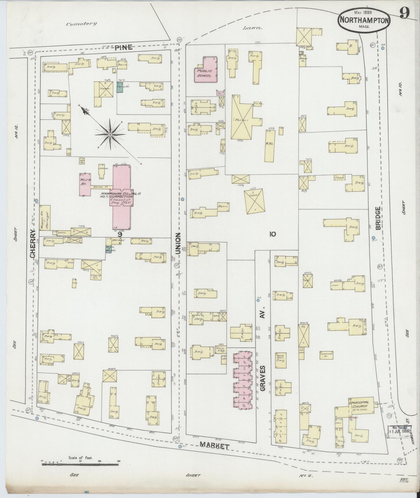 Sanborn Fire Insurance Map from Northampton, Hampshire County, Massachusetts (1889), Sheet #0009 - Historic Sanborn Fire Insurance Map Print, vintage old map wall art, antique decor, genealogy gift, Massachusetts Massachusetts map