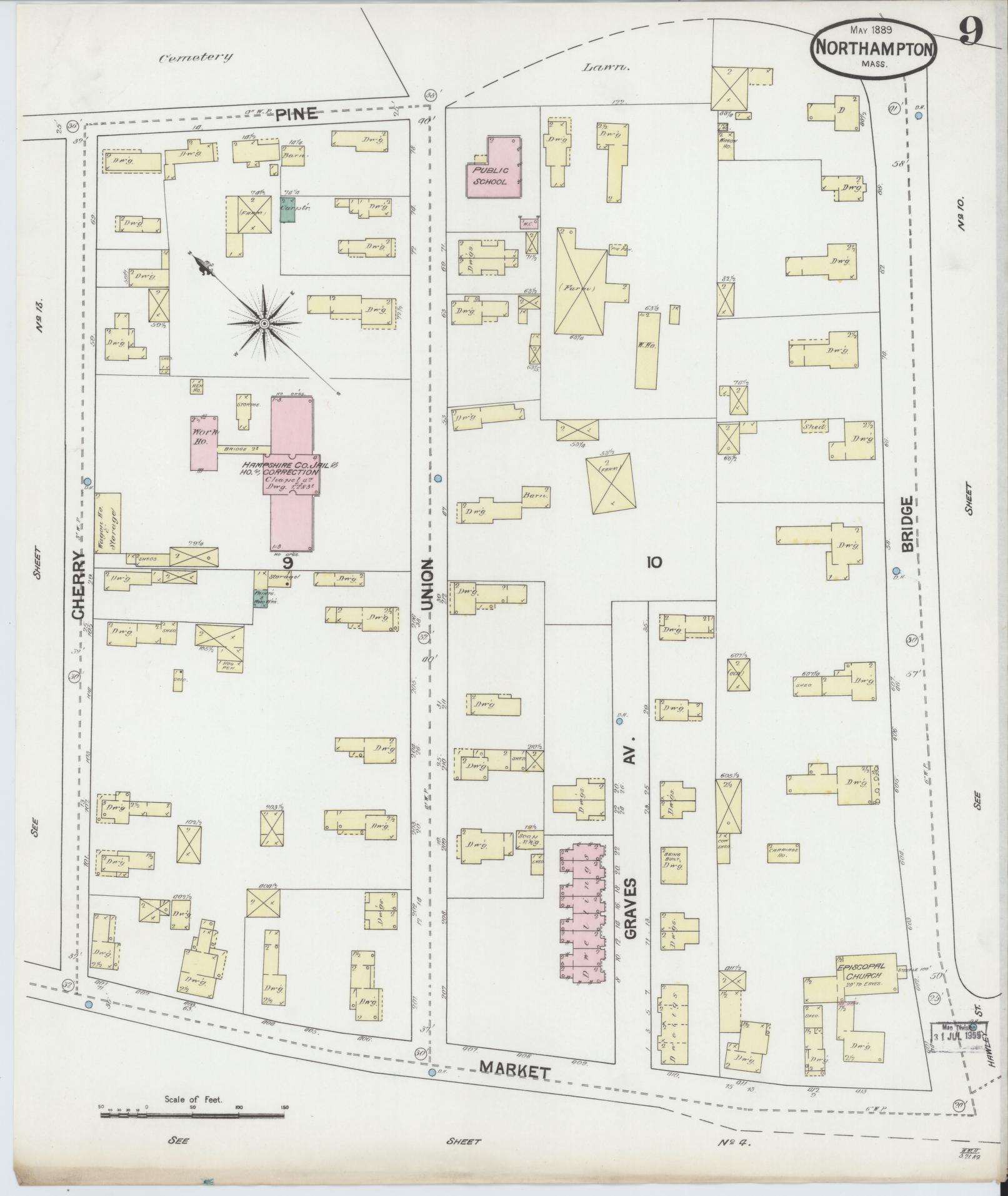 Sanborn Fire Insurance Map from Northampton, Hampshire County, Massachusetts (1889), Sheet #0009 - Historic Sanborn Fire Insurance Map Print, vintage old map wall art, antique decor, genealogy gift, Massachusetts Massachusetts map