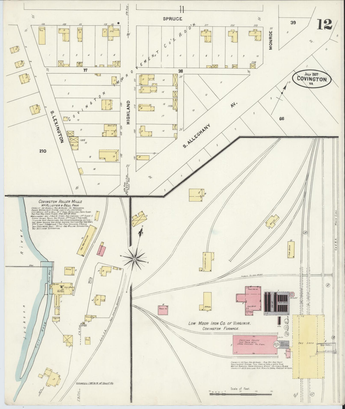 Sanborn Fire Insurance Map from Covington, Independent Cities, Virginia (1907), Sheet #0012 - Historic Sanborn Fire Insurance Map Print, vintage old map wall art, antique decor, genealogy gift, Virginia Virginia map