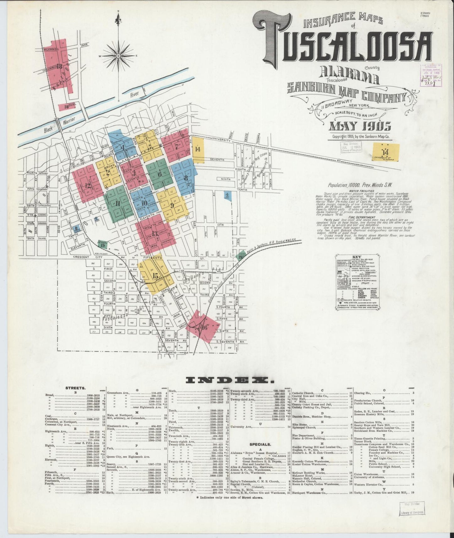 Sanborn Fire Insurance Map from Tuscaloosa, Tuscaloosa County, Alabama (1905), Sheet #0001 - Complete Map Set gallery image, historic Sanborn map, vintage wall art, Alabama Alabama