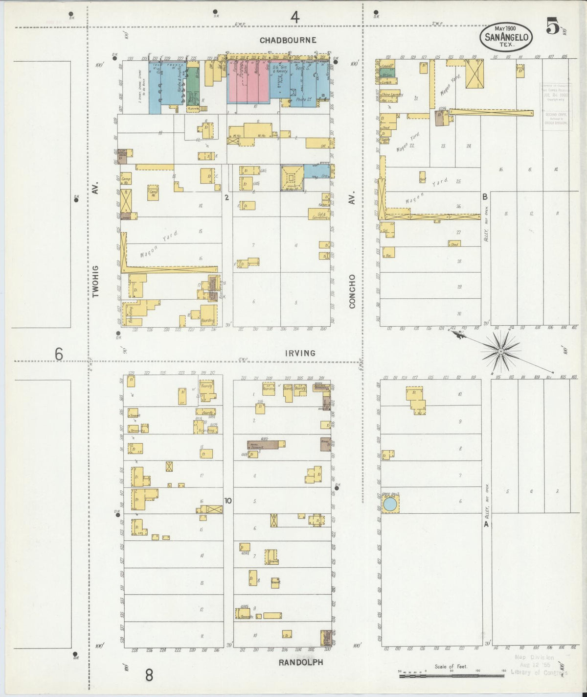 Sanborn Fire Insurance Map from San Angelo, Tom Green County, Texas (1900), Sheet #0005 - Historic Sanborn Fire Insurance Map Print, vintage old map wall art, antique decor, genealogy gift, Texas Texas map