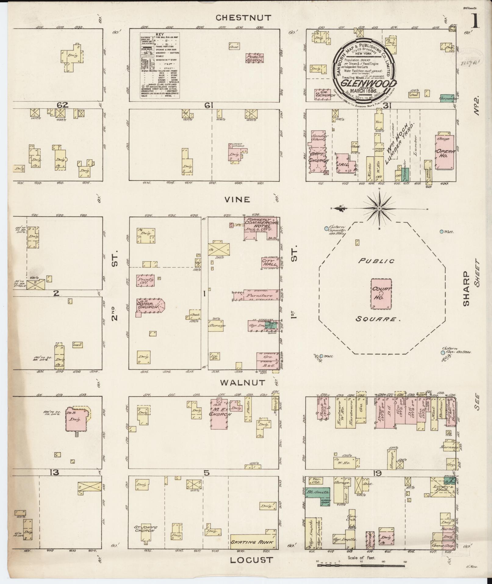 Sanborn Fire Insurance Map from Glenwood, Mills County, Iowa (1886), Sheet #0001 - Historic Sanborn Fire Insurance Map Print, vintage old map wall art