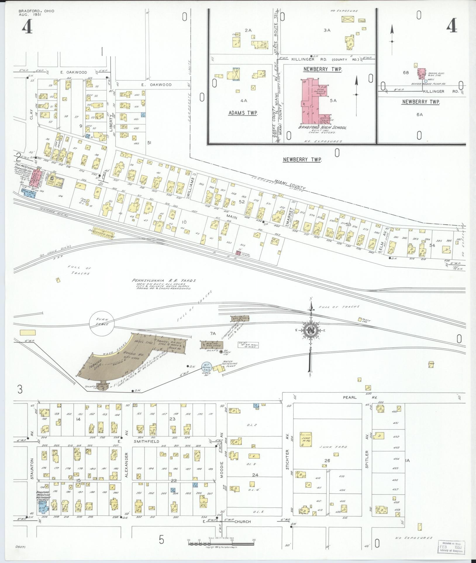 Sanborn Fire Insurance Map from Bradford, Darke and Miami Counties, Ohio (1951), Sheet #0004 - Historic Sanborn Fire Insurance Map Print, vintage old map wall art, antique decor, genealogy gift, Ohio Ohio map