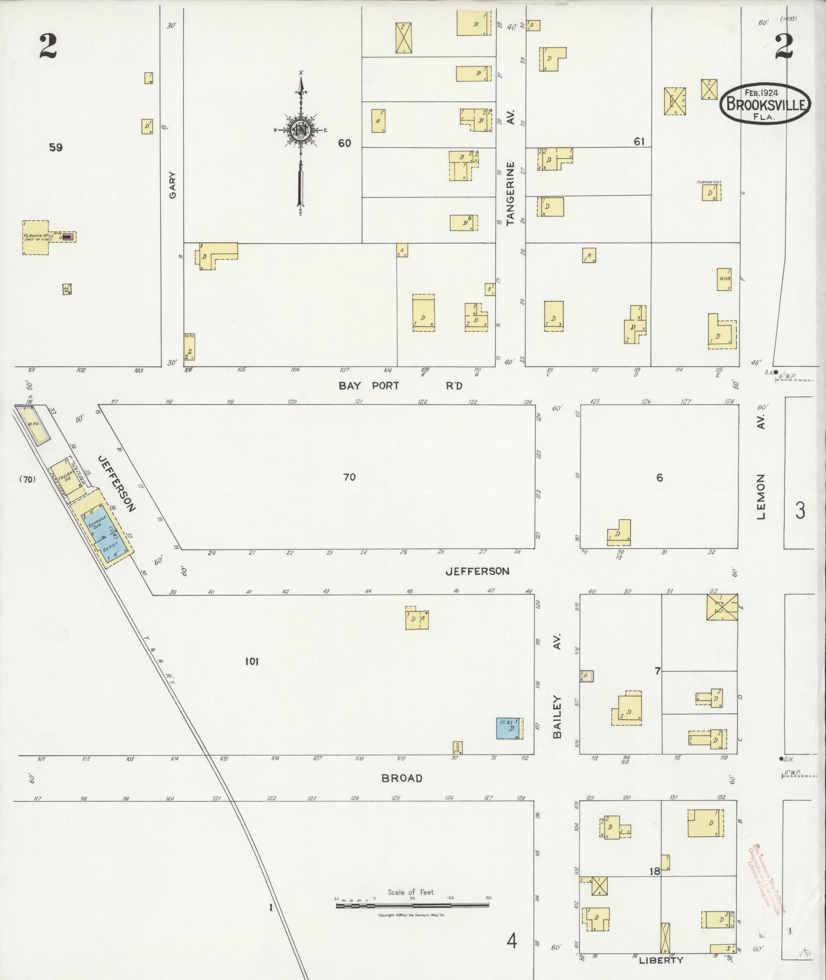 Sanborn Fire Insurance Map from Brooksville, Hernando County, Florida (1924), Sheet #0002 - Complete Map Set gallery image, historic Sanborn map, vintage wall art, Florida Florida