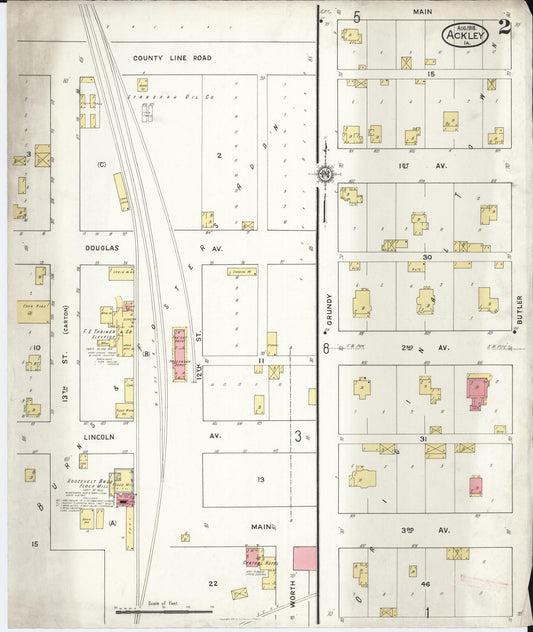 Sanborn Fire Insurance Map from Ackley, Hardin and Franklin Counties, Iowa (1916), Sheet #0002 - Historic Sanborn Fire Insurance Map Print, vintage old map wall art