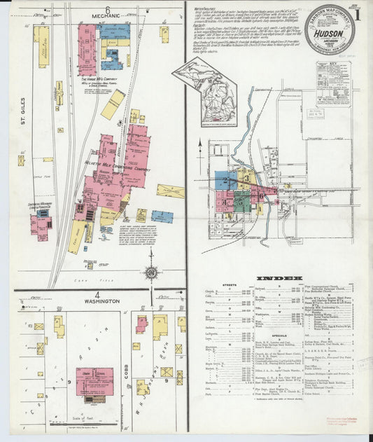 Sanborn Fire Insurance Map from Hudson, Lenawee County, Michigan (1919), Sheet #0001 - Historic Sanborn Fire Insurance Map Print, vintage old map wall art, antique decor, genealogy gift, Michigan Michigan map