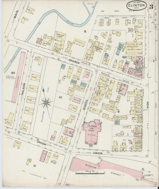 Sanborn Fire Insurance Map from Clinton, Worcester County, Massachusetts (1888), Sheet #0003 - Historic Sanborn Fire Insurance Map Print, vintage old map wall art, antique decor, genealogy gift, Massachusetts Massachusetts map