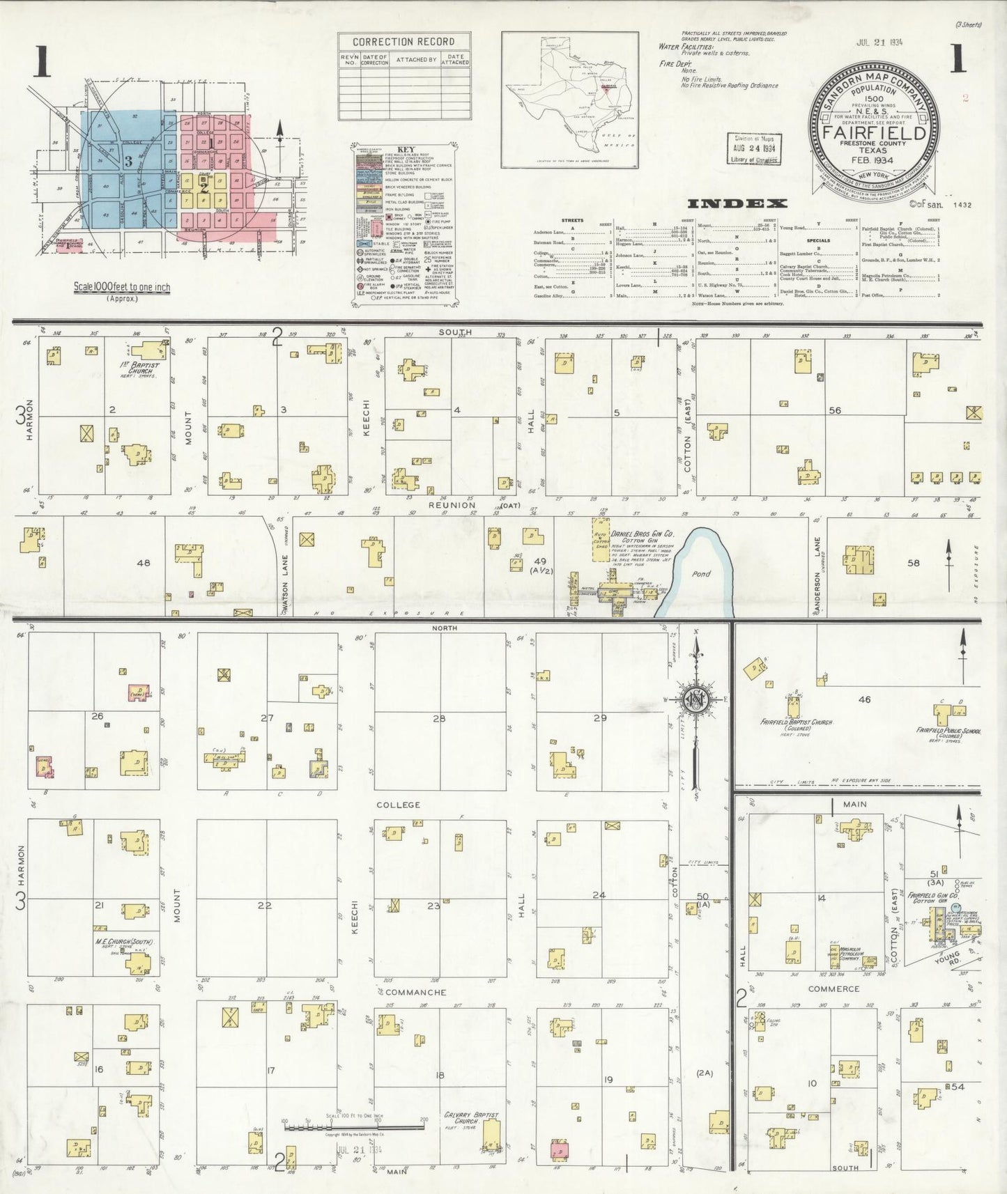 Sanborn Fire Insurance Map from Fairfield, Freestone County, Texas (1934), Sheet #0001 - Historic Sanborn Fire Insurance Map Print, vintage old map wall art, antique decor, genealogy gift, Texas Texas map