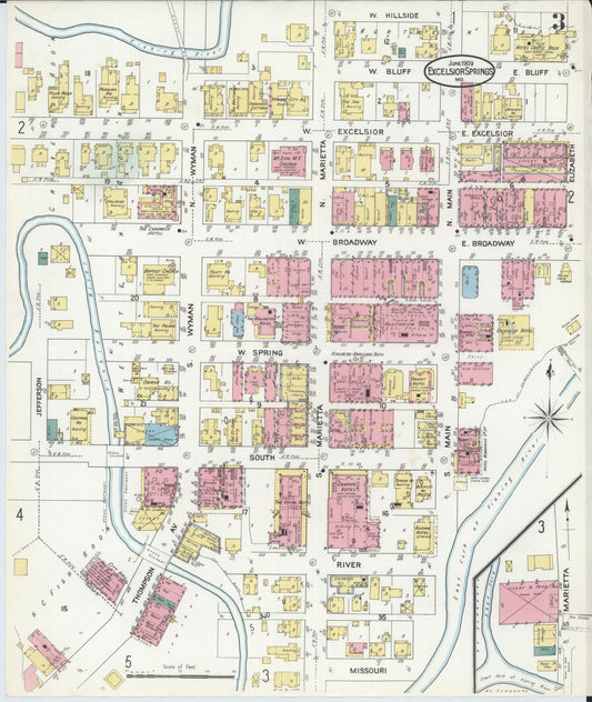 Sanborn Fire Insurance Map from Excelsior Springs, Clay County, Missouri (1909), Sheet #0003 - Historic Sanborn Fire Insurance Map Print, vintage old map wall art, antique decor, genealogy gift, Missouri Missouri map