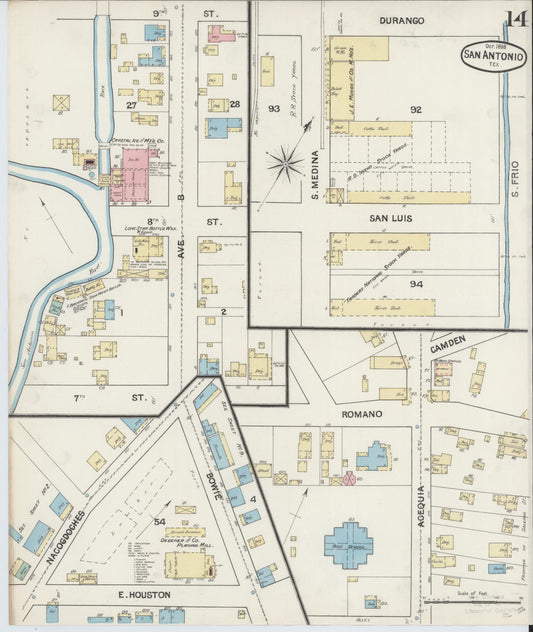 Sanborn Fire Insurance Map from San Antonio, Bexar County, Texas (1888), Sheet #0014 - Historic Sanborn Fire Insurance Map Print, vintage old map wall art, antique decor, genealogy gift, Texas Texas map