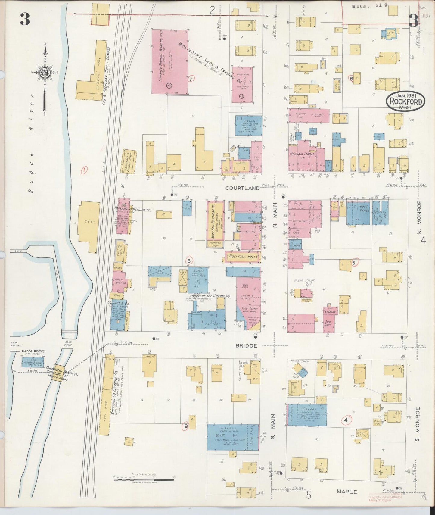 Sanborn Fire Insurance Map from Rockford, Kent County, Michigan (1931), Sheet #0003 - Complete Map Set gallery image, historic Sanborn map, vintage wall art, Michigan Michigan