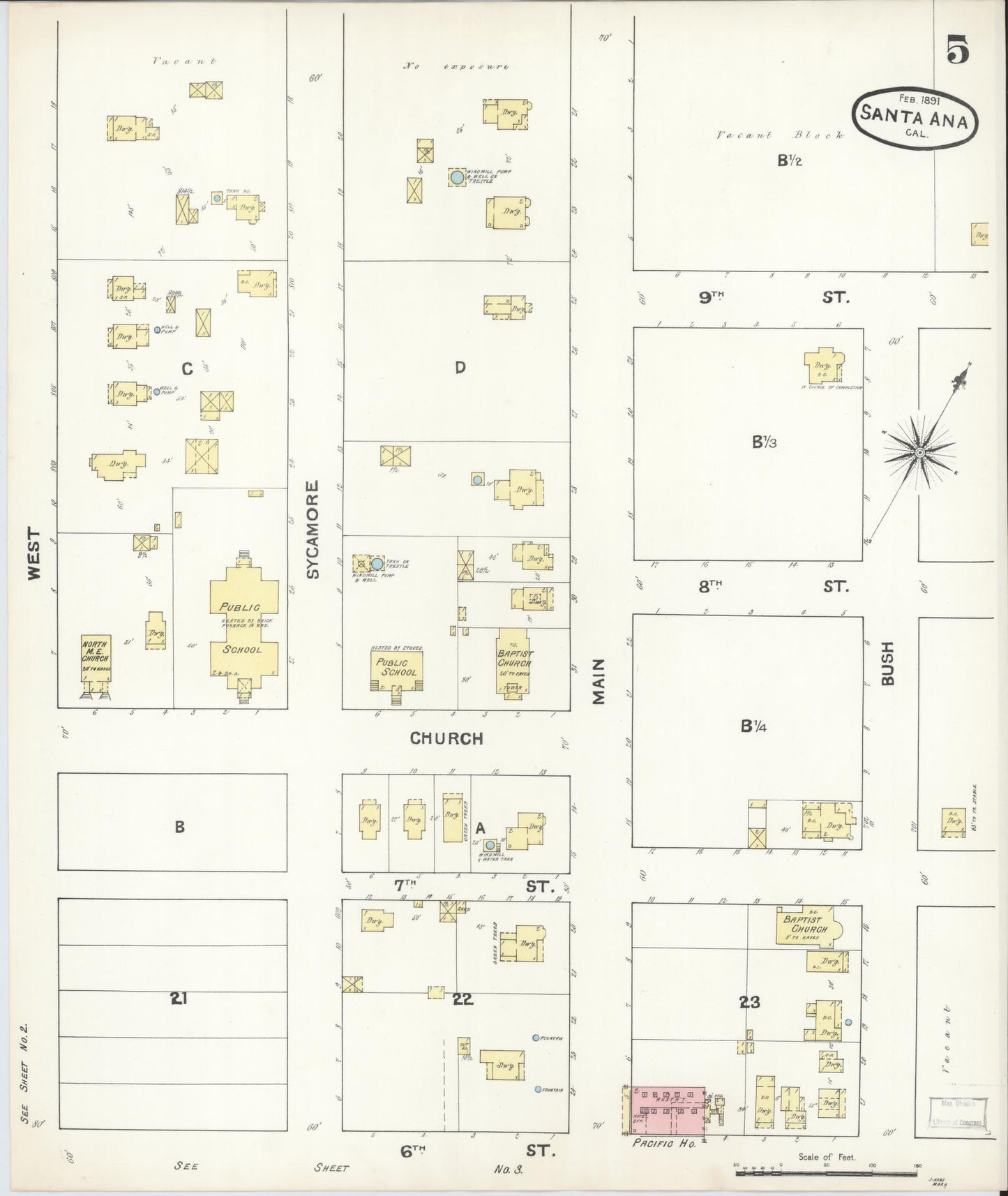 Sanborn Fire Insurance Map from Santa Ana, Orange County, California (1891), Sheet #0005 - Complete Map Set gallery image, historic Sanborn map, vintage wall art, California California