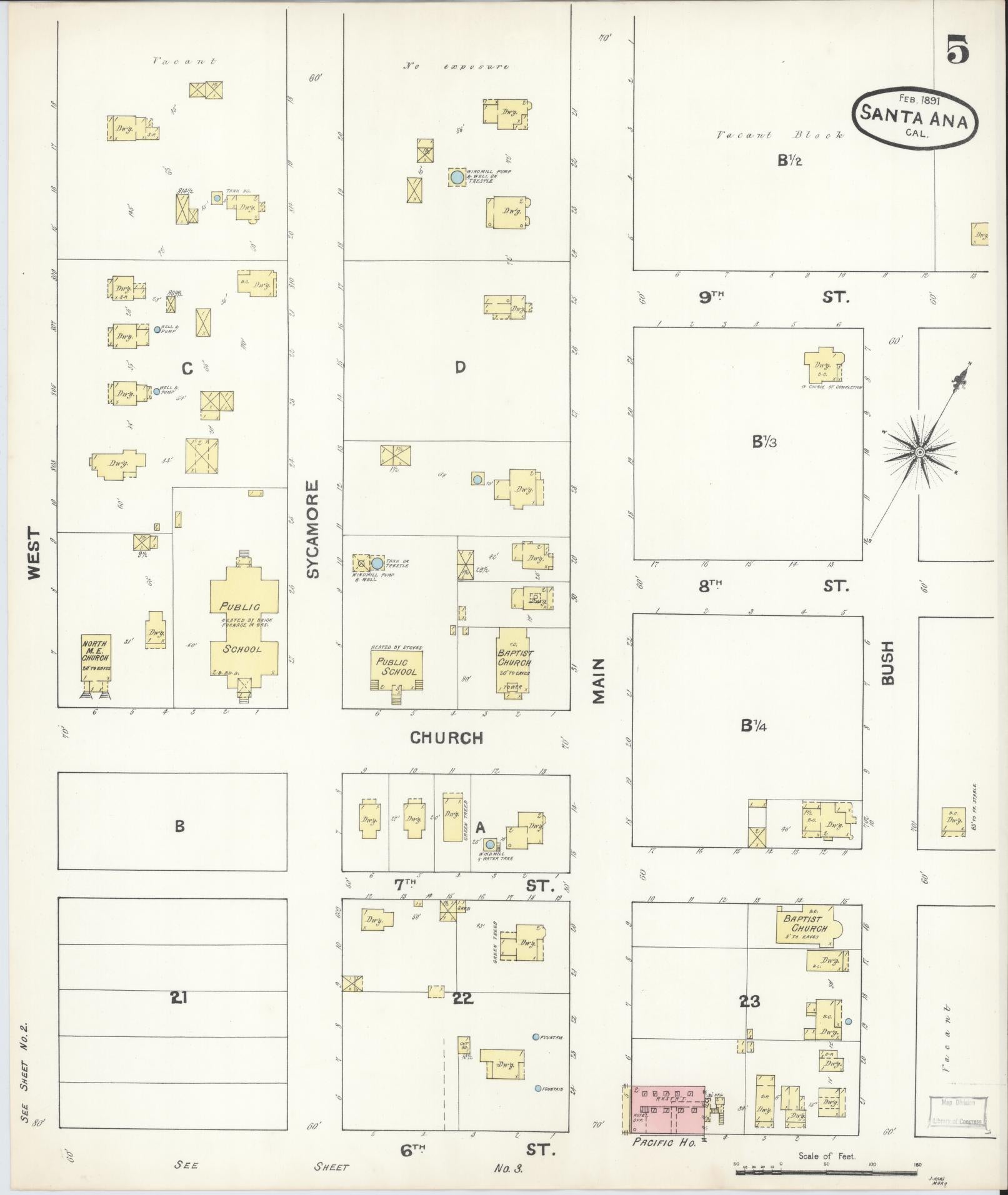 Sanborn Fire Insurance Map from Santa Ana, Orange County, California (1891), Sheet #0005 - Complete Map Set gallery image, historic Sanborn map, vintage wall art, California California